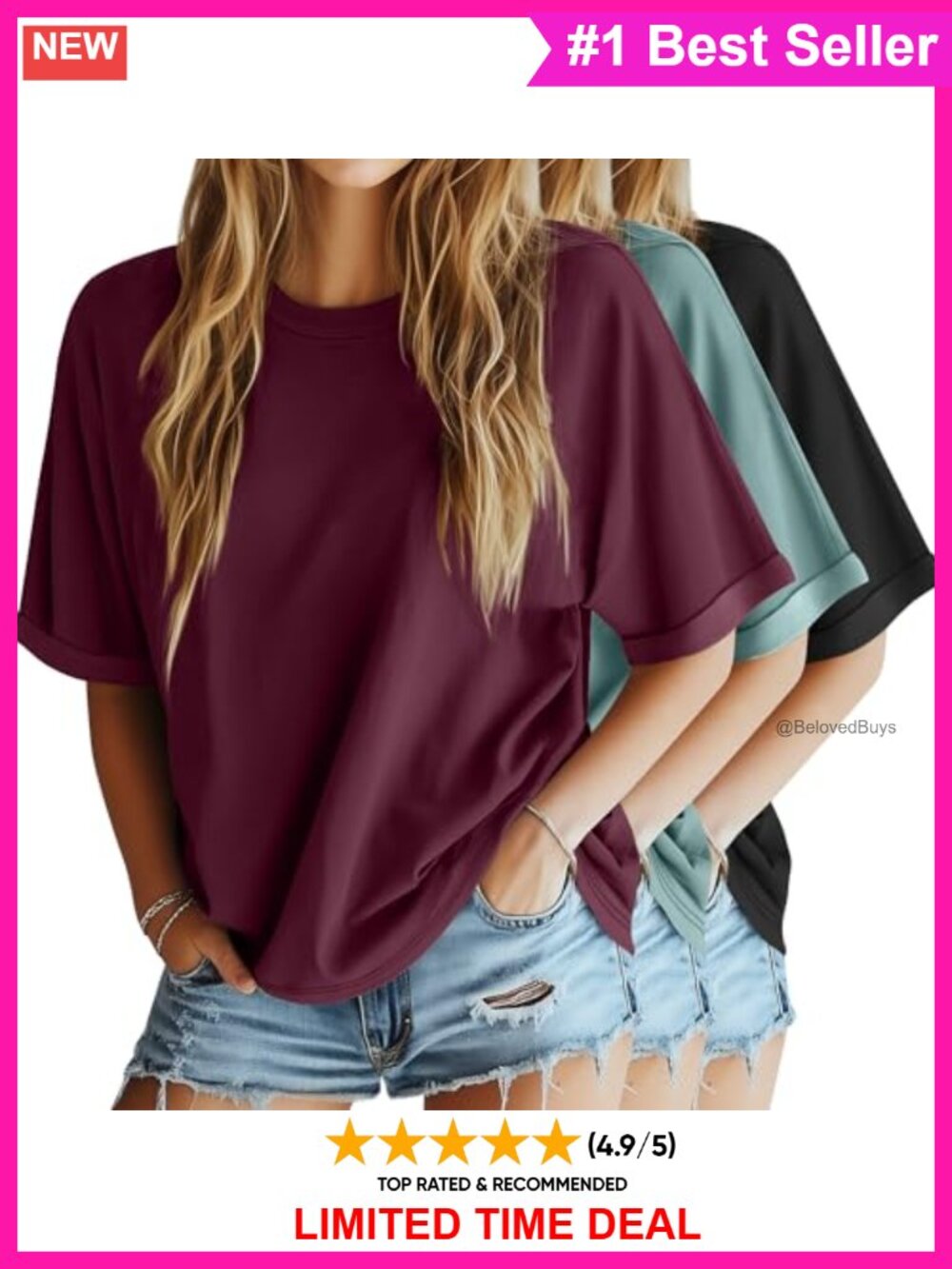 3 Pack Oversized T Shirts Dolman Sleeve Boxy Tees Casual